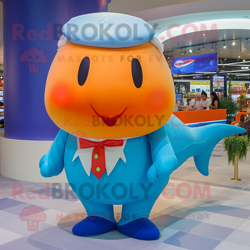 Orange Blue Whale mascot costume character dressed with a Poplin Shirt and Hairpins Orange Blue Whale mascot costume character dressed with a Poplin Shirt and Hairpins