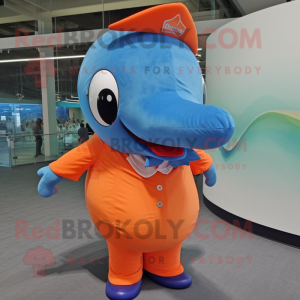 Orange Blue Whale mascot costume character dressed with a Poplin Shirt and Hairpins