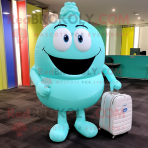 Cyan Wedding Cake mascot costume character dressed with a Bodysuit and Messenger bags