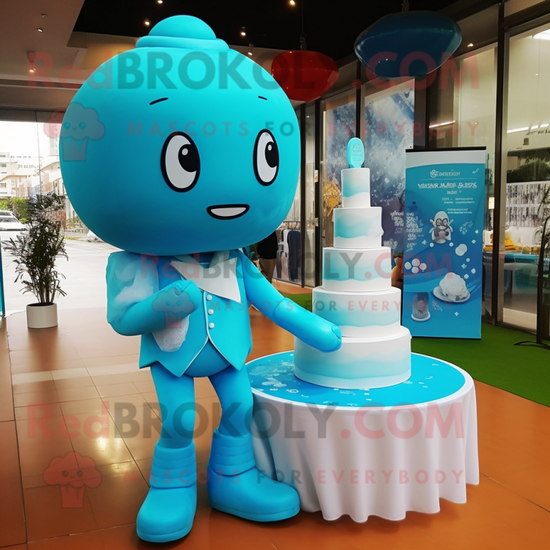 Cyan Wedding Cake mascot costume character dressed with a Bodysuit and Messenger bags