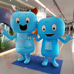 Cyan Wedding Cake mascot costume character dressed with a Bodysuit and Messenger bags