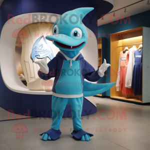 Cyan Pterodactyl mascot costume character dressed with a Sweatshirt and Caps