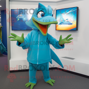 Cyan Pterodactyl mascot costume character dressed with a Sweatshirt and Caps
