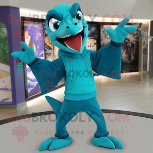 Cyan Pterodactyl mascot costume character dressed with a Sweatshirt and Caps
