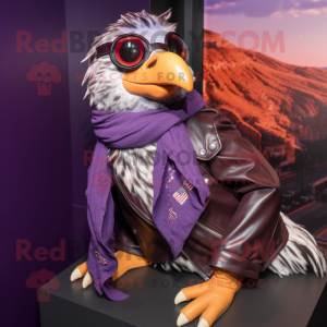 Purple Quail mascot costume character dressed with a Leather Jacket and Scarves