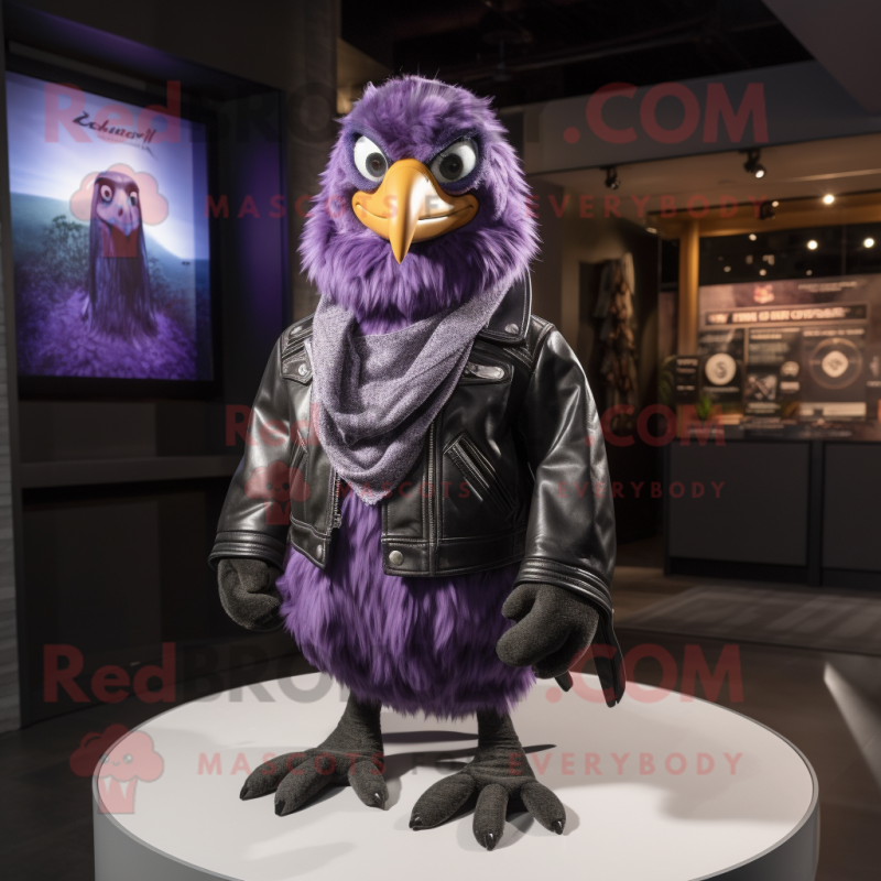 Purple Quail mascot costume character dressed with a Leather Jacket and Scarves