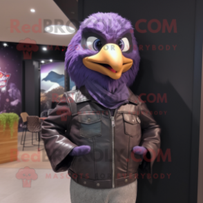 Purple Quail mascot costume character dressed with a Leather Jacket and Scarves