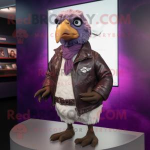 Purple Quail mascot costume character dressed with a Leather Jacket and Scarves