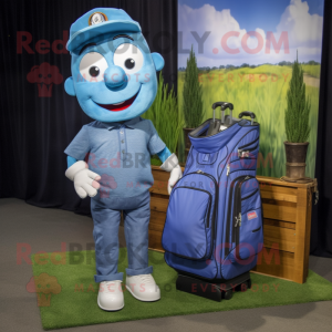 Blue Golf Bag mascot costume character dressed with a Denim Shirt and Coin purses