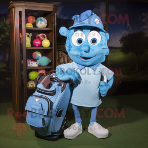 Blue Golf Bag mascot costume character dressed with a Denim Shirt and Coin purses