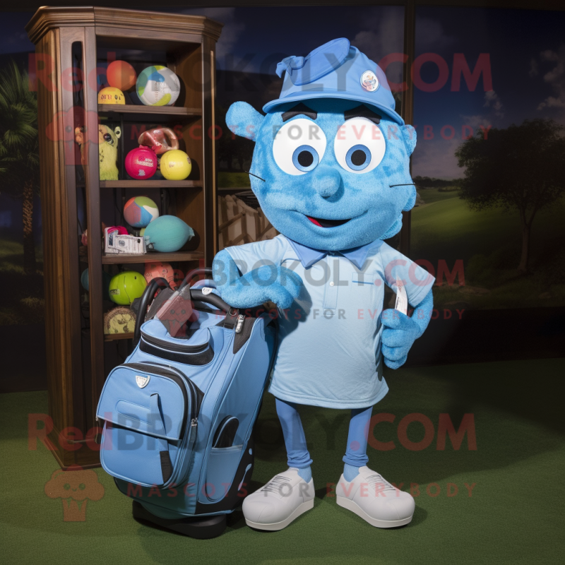 Blue Golf Bag mascot costume character dressed with a Denim Shirt and Coin purses Blue Golf Bag mascot costume character dressed with a Denim Shirt and Coin purses