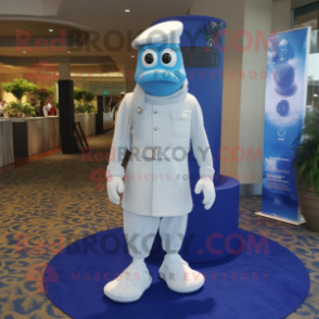 Blue Marine Recon mascot costume character dressed with a Wedding Dress and Shoe laces