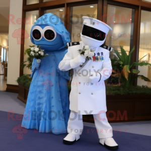Blue Marine Recon mascot costume character dressed with a Wedding Dress and Shoe laces