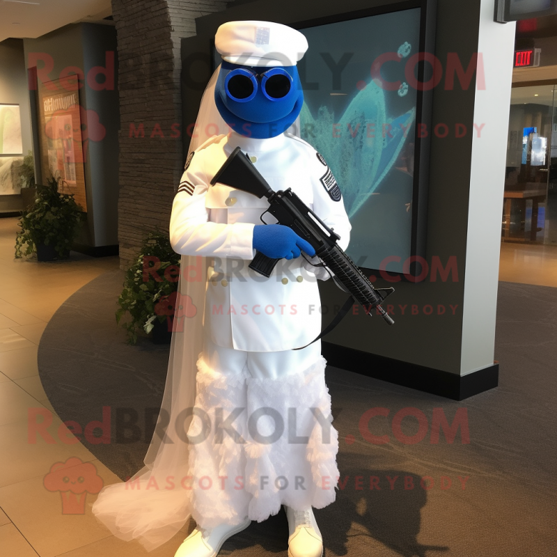 Blue Marine Recon mascot costume character dressed with a Wedding Dress and Shoe laces