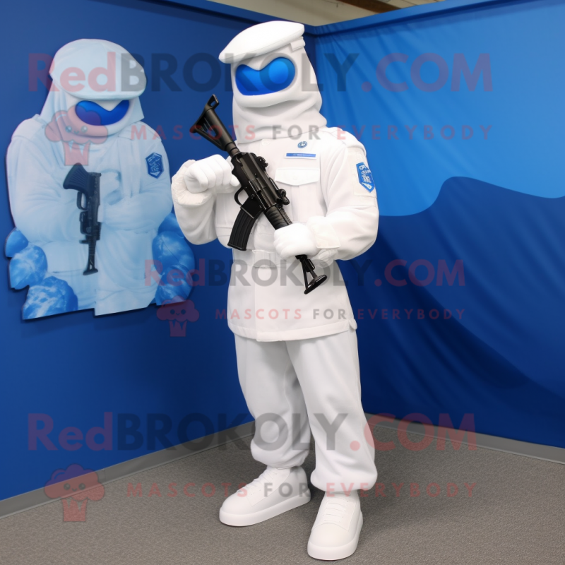 Blue Marine Recon mascot costume character dressed with a Wedding Dress and Shoe laces