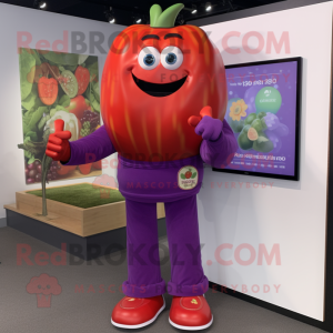 Purple Tomato mascot costume character dressed with a Bootcut Jeans and Smartwatches