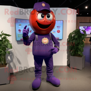 Purple Tomato mascot costume character dressed with a Bootcut Jeans and Smartwatches