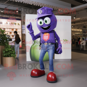 Purple Tomato mascot costume character dressed with a Bootcut Jeans and Smartwatches