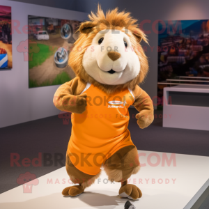 Tan Guinea Pig mascot costume character dressed with a Running Shorts and Hairpins