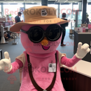 Pink Fried Calamari mascot costume character dressed with a Henley Shirt and Sunglasses