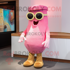 Pink Fried Calamari mascot costume character dressed with a Henley Shirt and Sunglasses