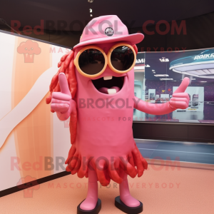 Pink Fried Calamari mascot costume character dressed with a Henley Shirt and Sunglasses