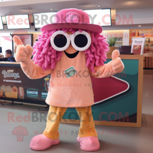 Pink Fried Calamari mascot costume character dressed with a Henley Shirt and Sunglasses