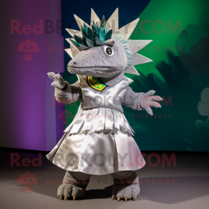 Silver Stegosaurus mascot costume character dressed with a Wrap Skirt and Headbands