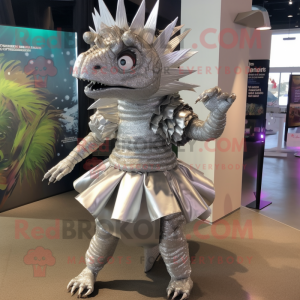 Silver Stegosaurus mascot costume character dressed with a Wrap Skirt and Headbands