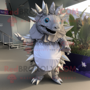 Silver Stegosaurus mascot costume character dressed with a Wrap Skirt and Headbands