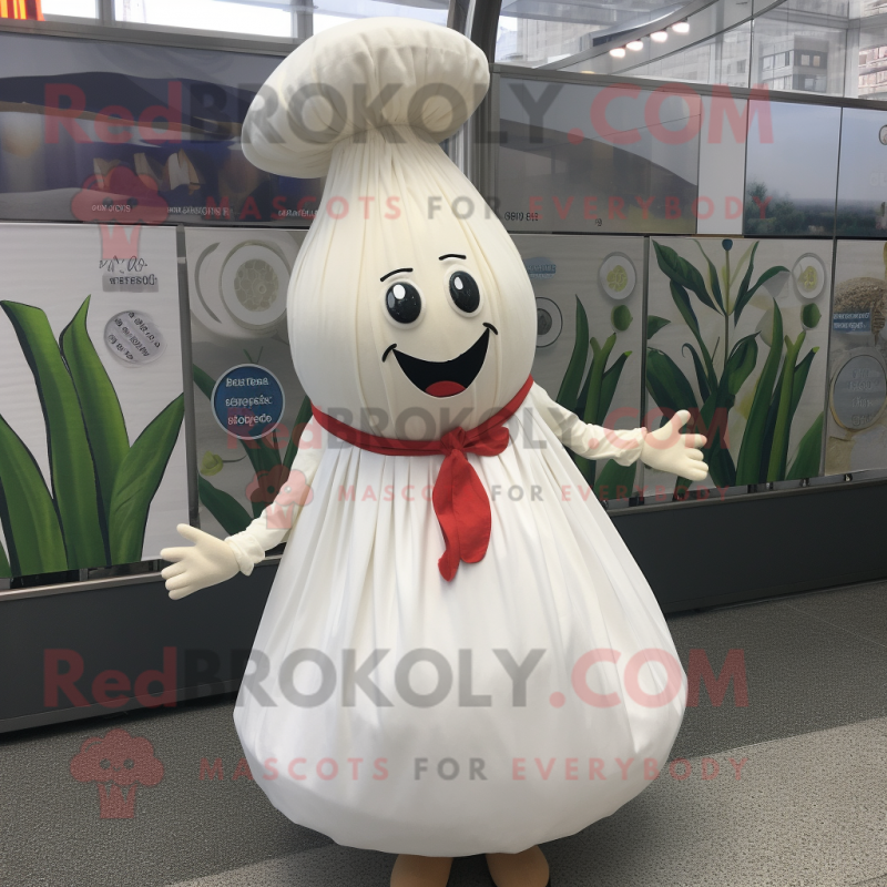 White Onion mascot costume character dressed with a Dress and Caps White Onion mascot costume character dressed with a Dress and Caps