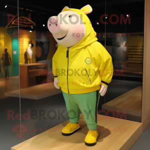 Lemon Yellow Pig mascot costume character dressed with a Windbreaker and Shoe laces