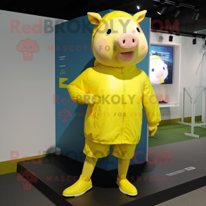 Lemon Yellow Pig mascot costume character dressed with a Windbreaker and Shoe laces