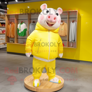 Lemon Yellow Pig mascot costume character dressed with a Windbreaker and Shoe laces