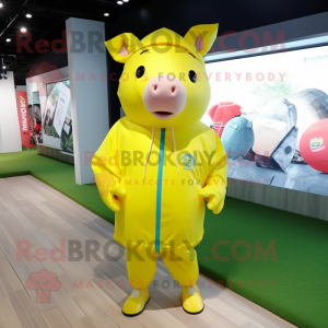 Lemon Yellow Pig mascot costume character dressed with a Windbreaker and Shoe laces