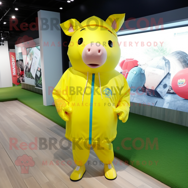 Lemon Yellow Pig mascot costume character dressed with a Windbreaker and Shoe laces