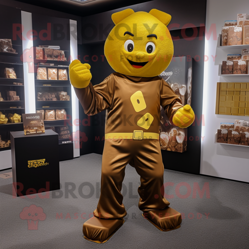 Gold Chocolate Bar mascot costume character dressed with a Jumpsuit and Beanies