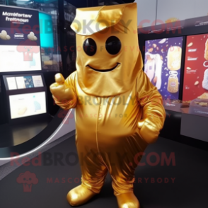 Gold Chocolate Bar mascot costume character dressed with a Jumpsuit and Beanies
