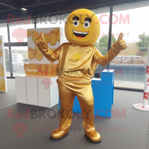 Gold Chocolate Bar mascot costume character dressed with a Jumpsuit and Beanies