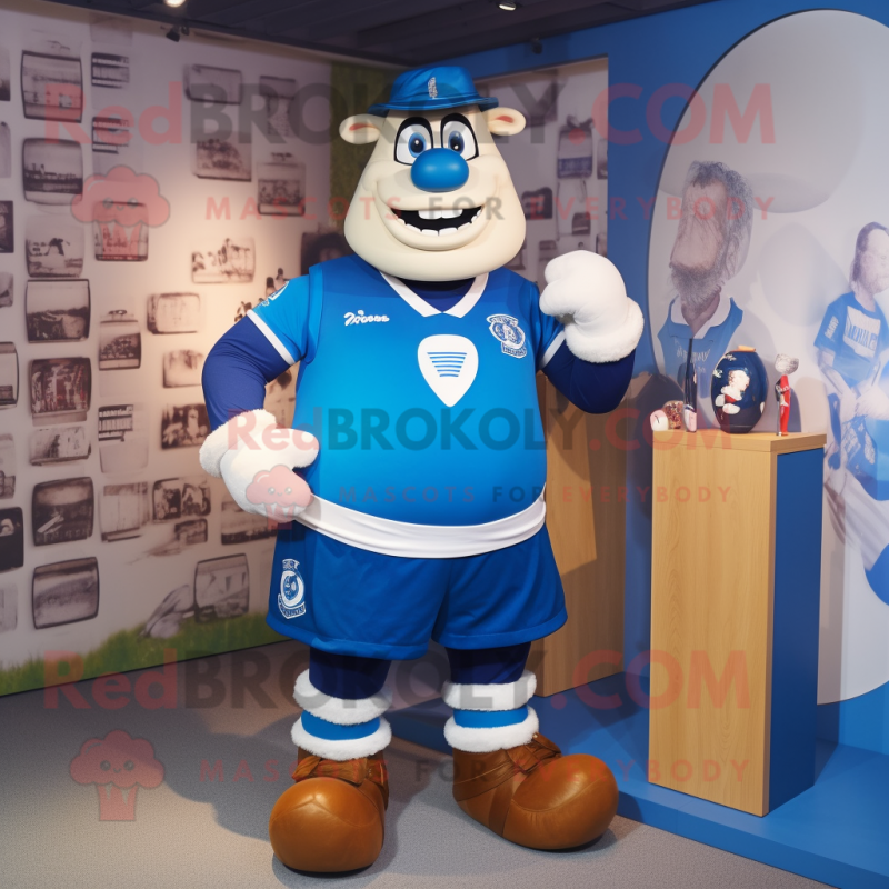 Blue Pendant mascot costume character dressed with a Rugby Shirt and Belts Blue Pendant mascot costume character dressed with a Rugby Shirt and Belts
