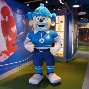 Blue Pendant mascot costume character dressed with a Rugby Shirt and Belts