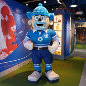 Blue Pendant mascot costume character dressed with a Rugby Shirt and Belts