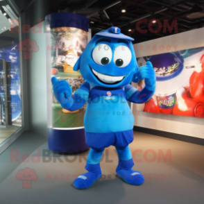 Blue Pendant mascot costume character dressed with a Rugby Shirt and Belts