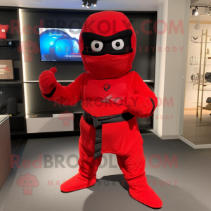 Red Ninja mascot costume character dressed with a Henley Shirt and Clutch bags