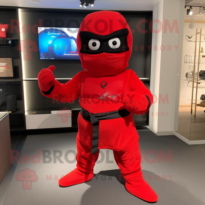 Red Ninja mascot costume character dressed with a Henley Shirt and Clutch bags Red Ninja mascot costume character dressed with a Henley Shirt and Clutch bags