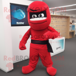 Red Ninja mascot costume character dressed with a Henley Shirt and Clutch bags