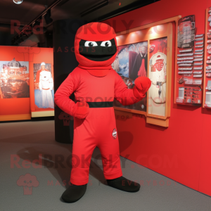 Red Ninja mascot costume character dressed with a Henley Shirt and Clutch bags
