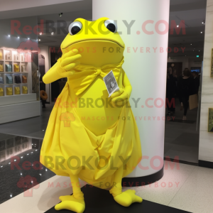 Lemon Yellow Frog mascot costume character dressed with a Evening Gown and Wallets