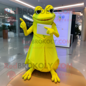 Lemon Yellow Frog mascot costume character dressed with a Evening Gown and Wallets