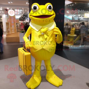Lemon Yellow Frog mascot costume character dressed with a Evening Gown and Wallets